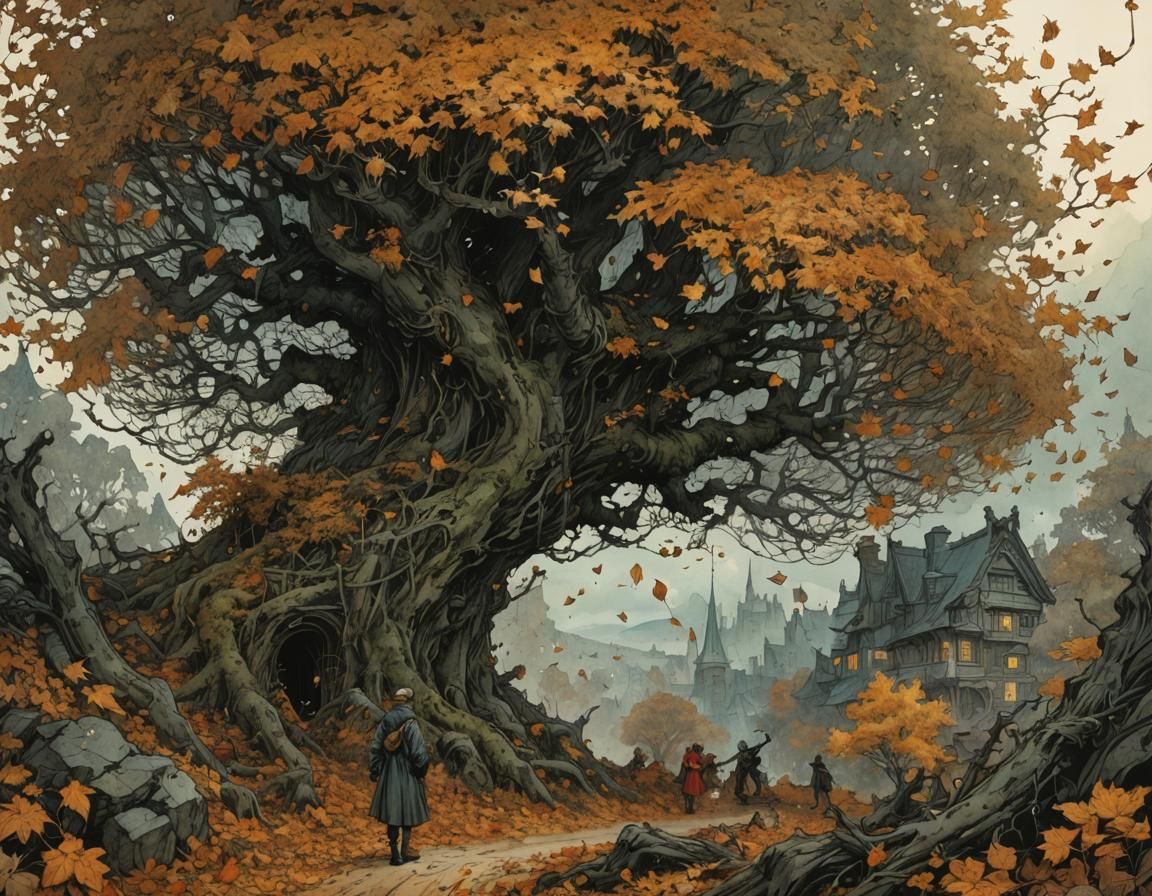 Intricate Falling Leaves Illustration