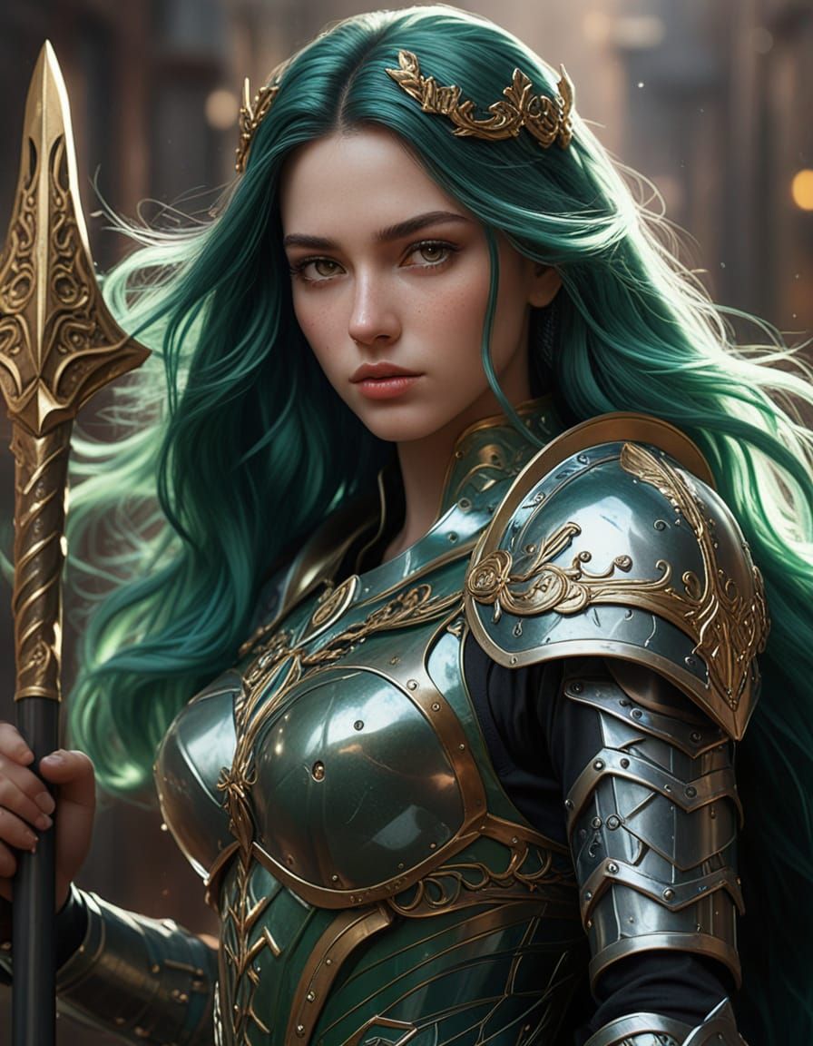 Emerald Warrior with Glowing Axe in Digital Art Style