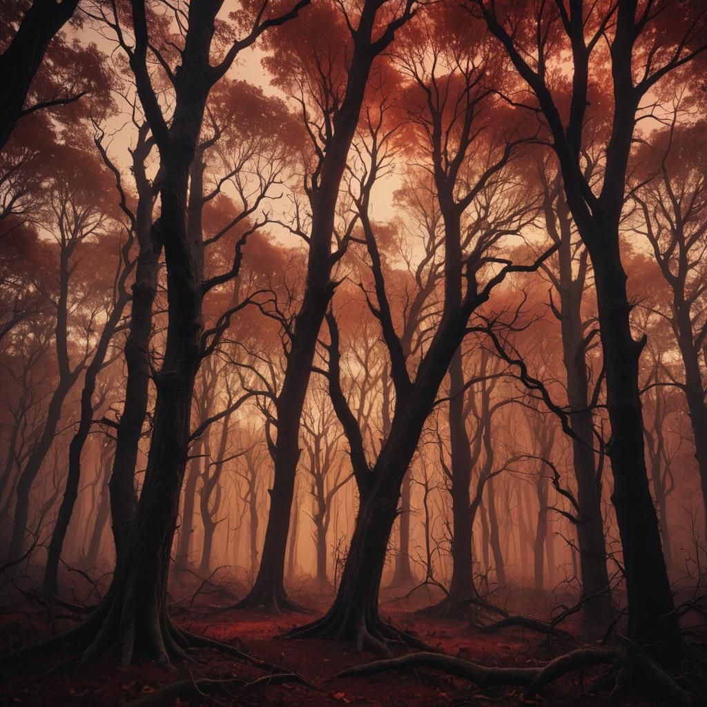 Haunted Forest Under Blood Red Sky: Cinematic Film Still