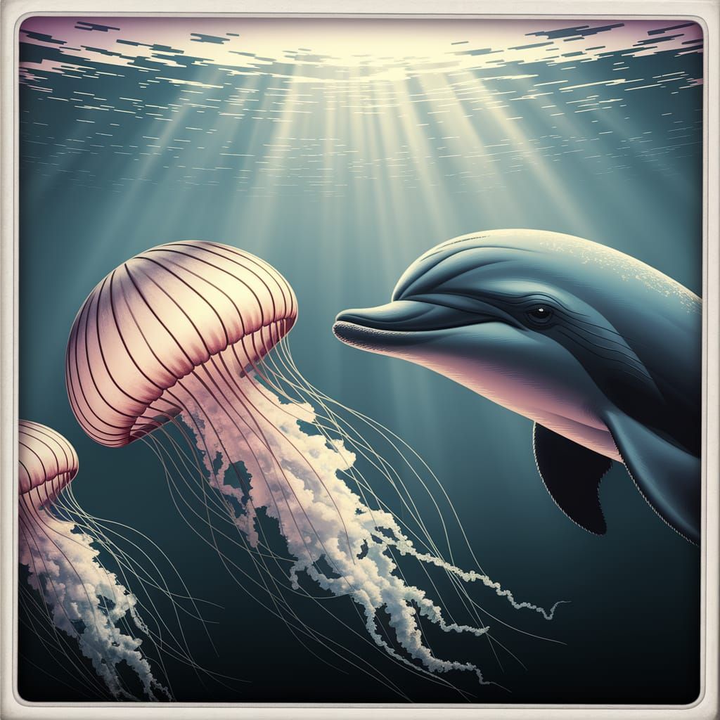 Deep-Sea Dolphin and Jellyfish in Vintage Pixel Art