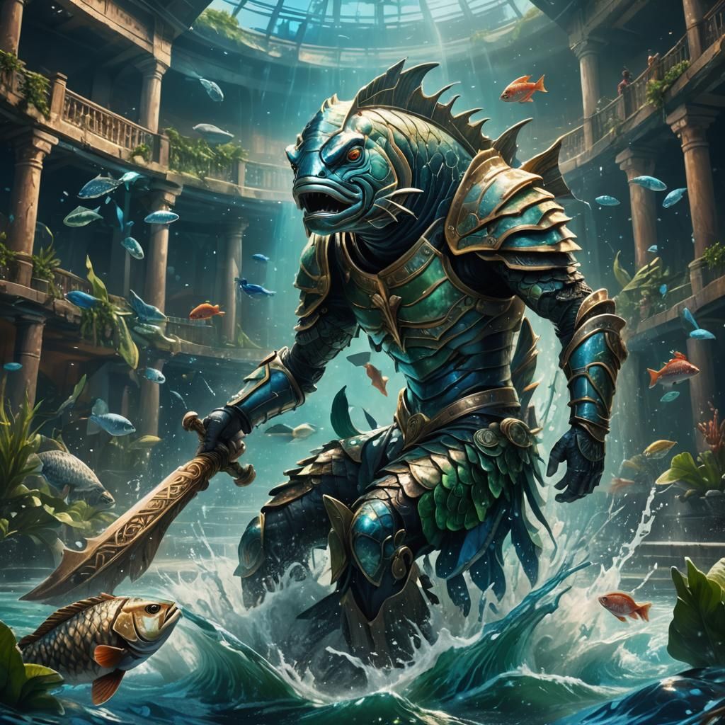 Victorious Fish Gladiator in Flooded Arena