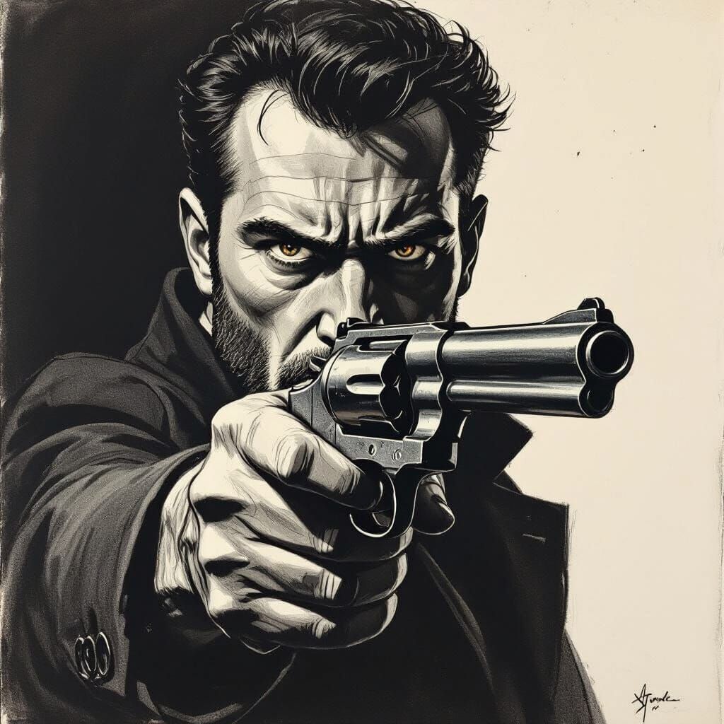 Man Points Revolver With Fury, Charcoal Drawing Style