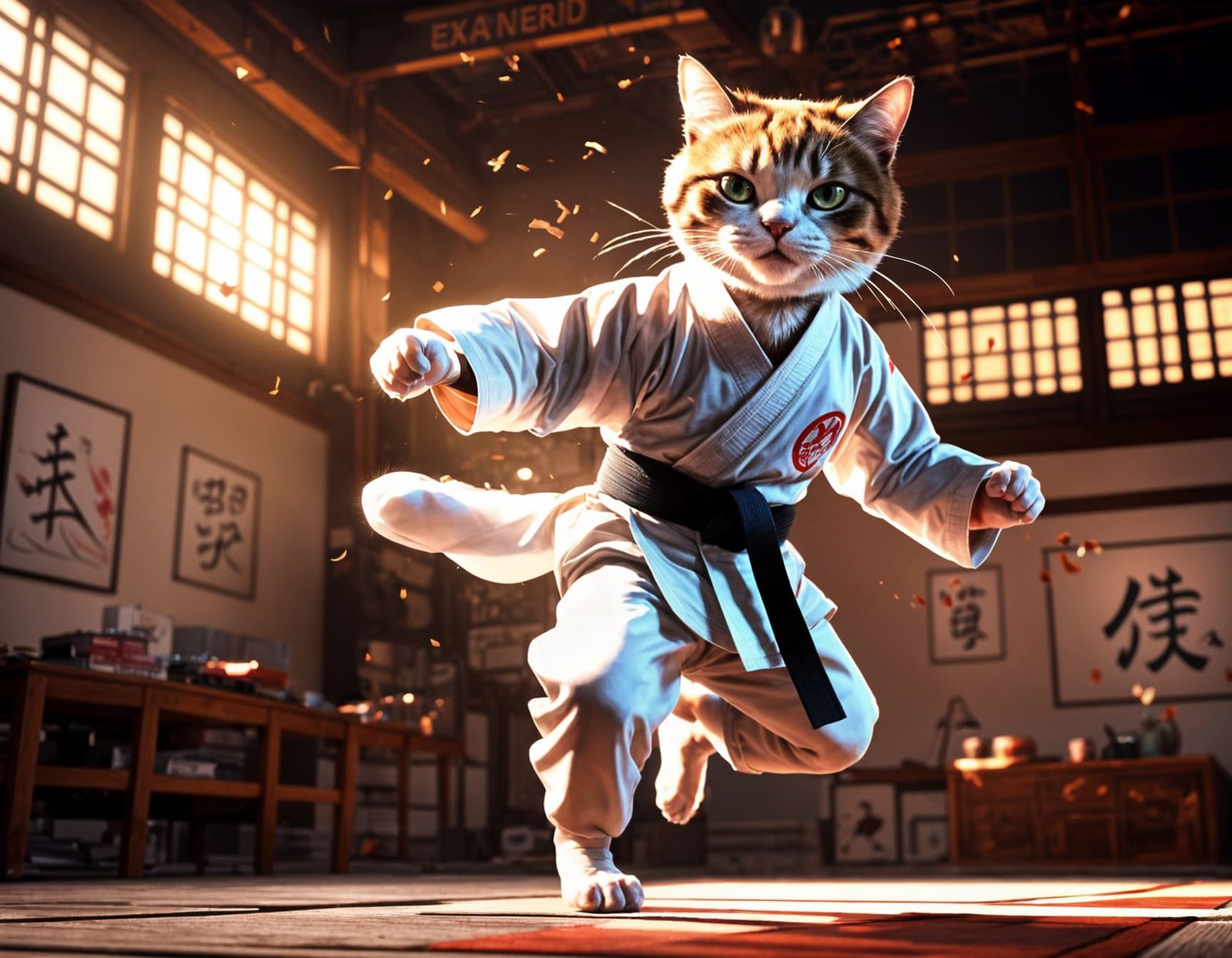 Karate Cat Flying Kick in Anime Style
