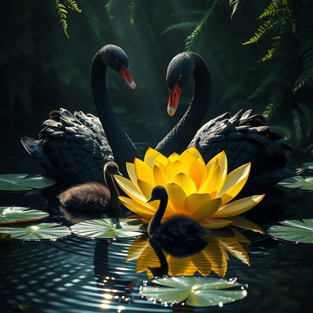 Tropical Waterbird Family amidst Golden Lotus