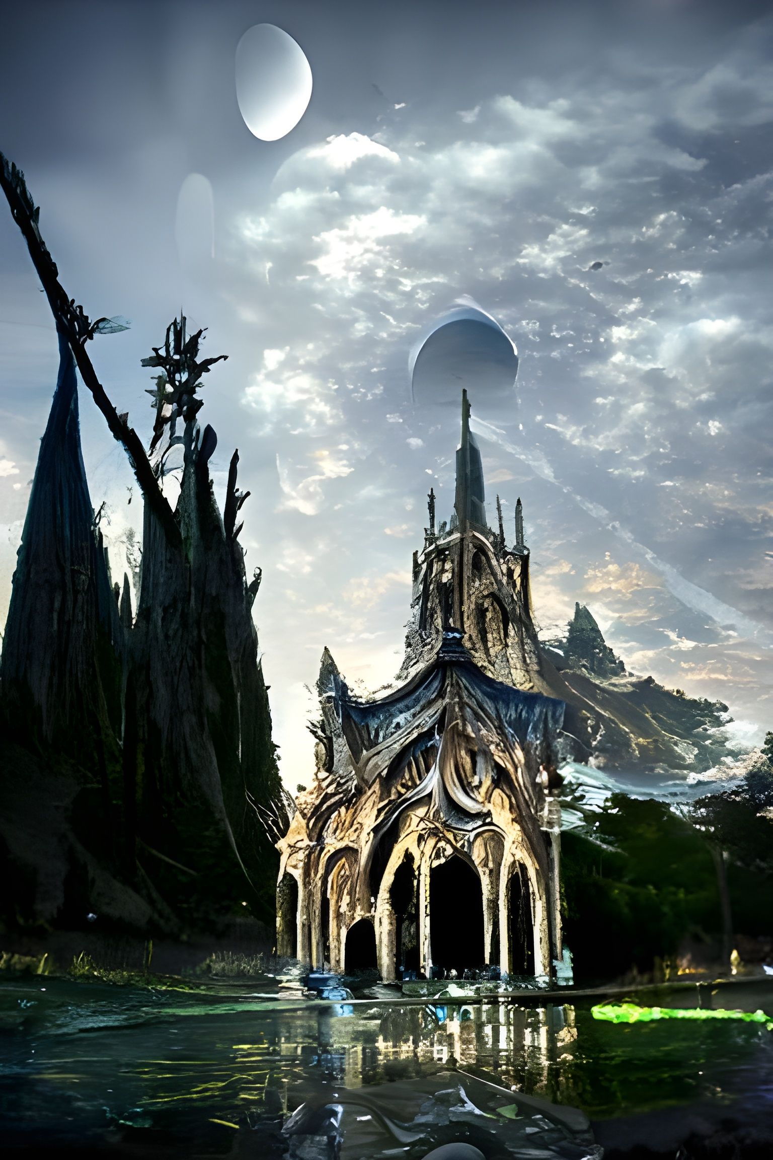 Mystical Cathedral Reflected in Glowing Waters