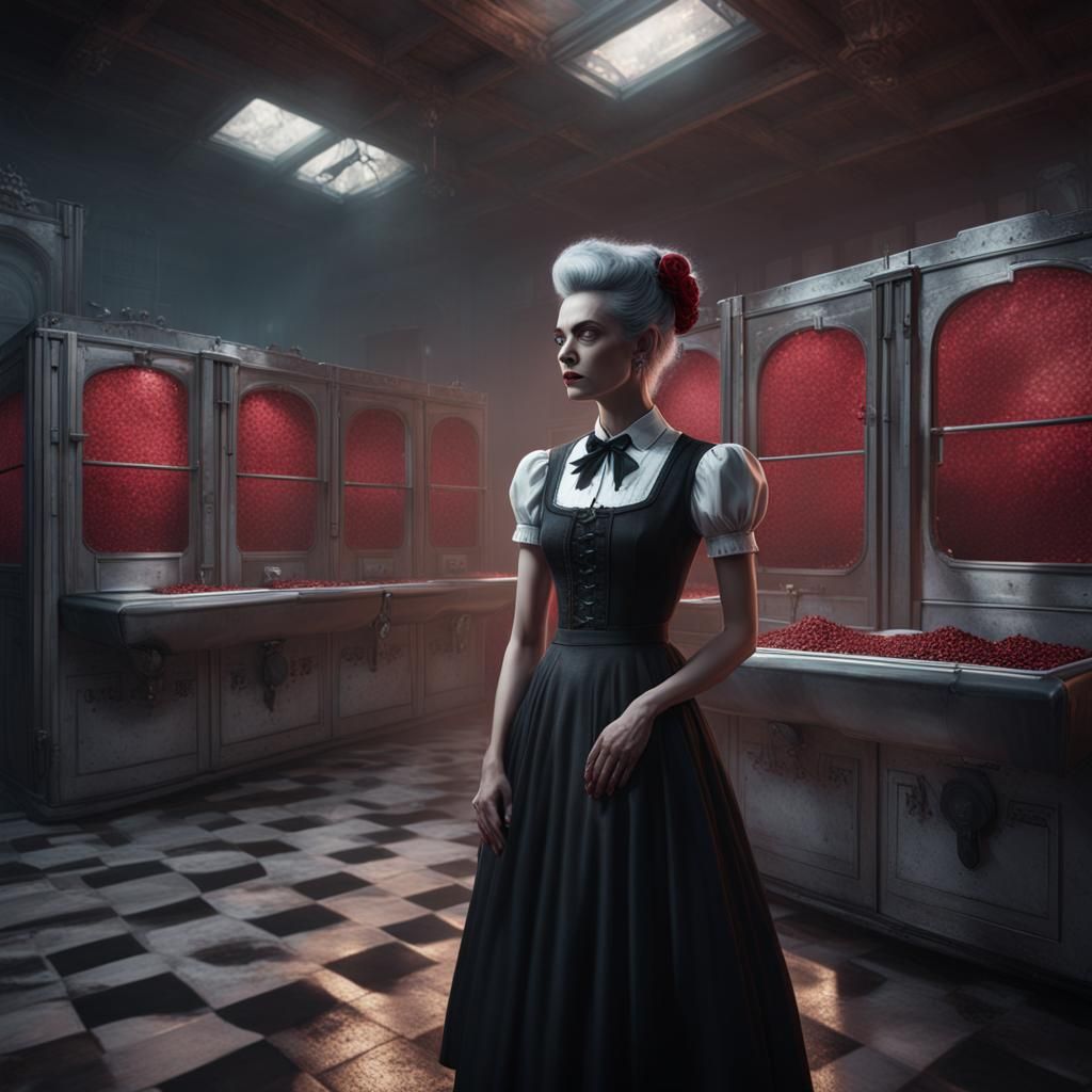 Gothic Rockabilly Woman in Morgue: Detailed Matte Painting