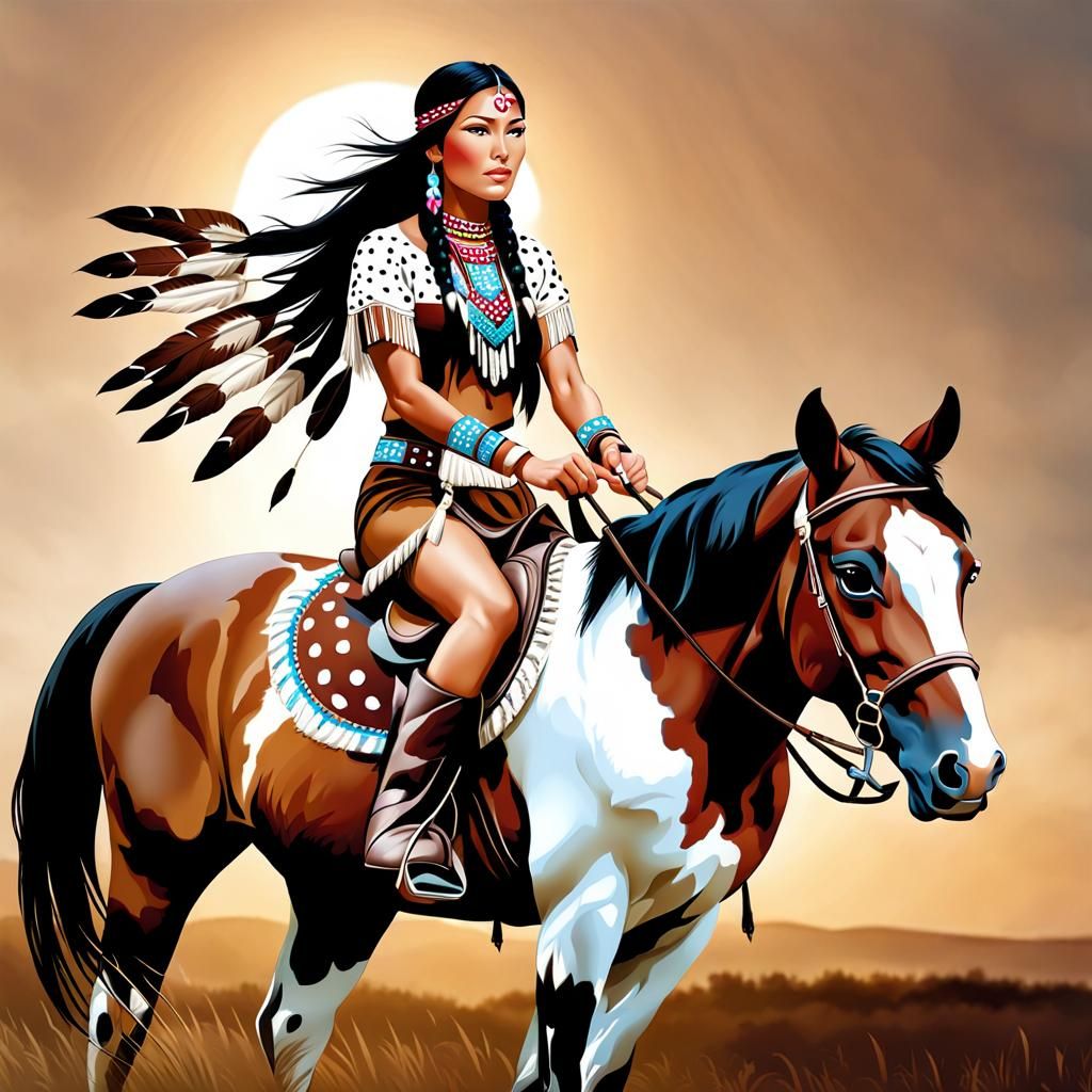 Native American Woman on Spotted Horse