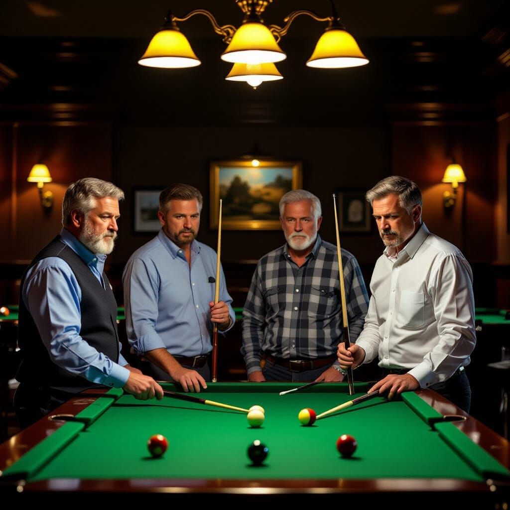 Men Pondering Pool Shots in Warm Light
