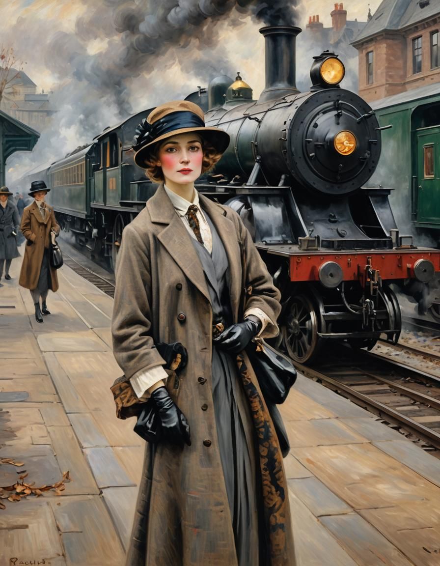 Elegant Woman at Train Station in Impressionistic Style