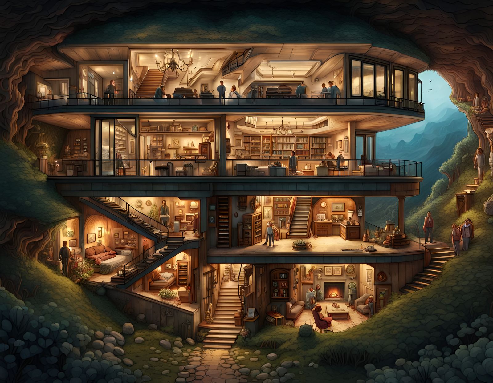 Subterranean Home Cross-Section in Science Fiction Style