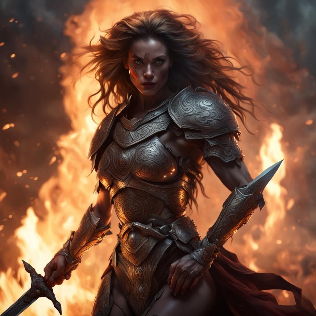 Lion Warrior Woman in Dark Fantasy Style