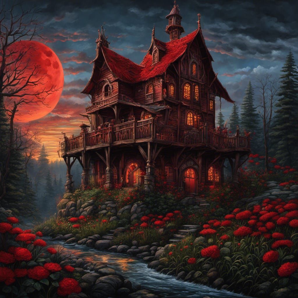 Gothic Watermill in Tim Burton Style with Red Moon