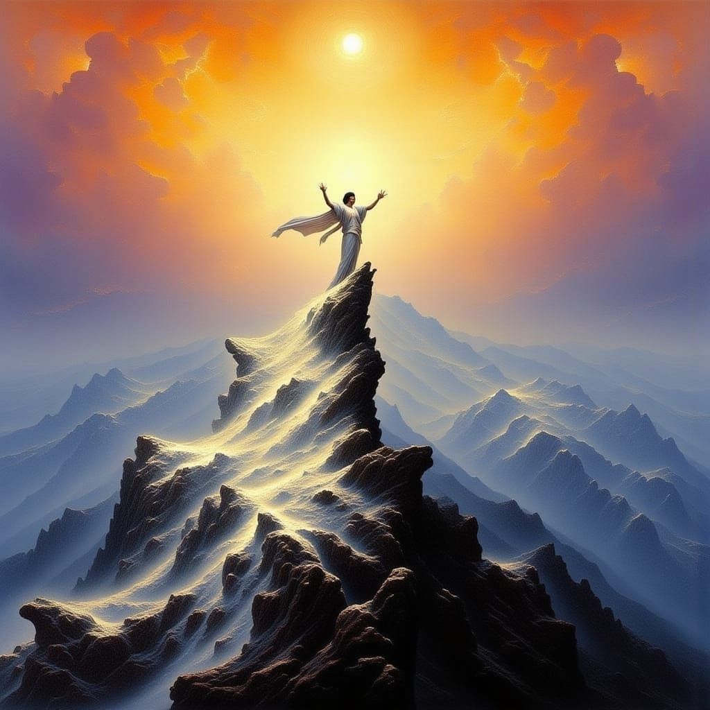 Figure on Mountain Peak at Dawn in Romantic Landscape Style