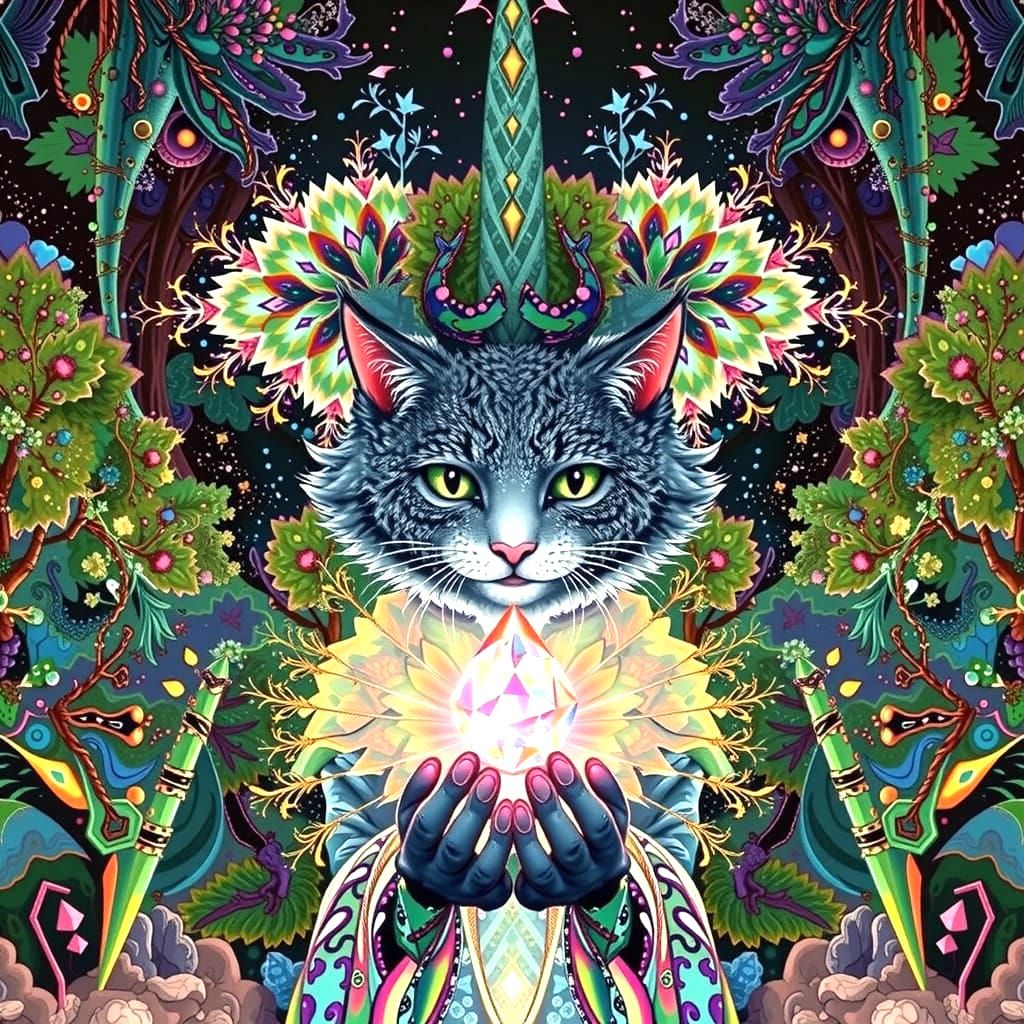 Crystal Feline Angel in a Radiant Forest Canopy
