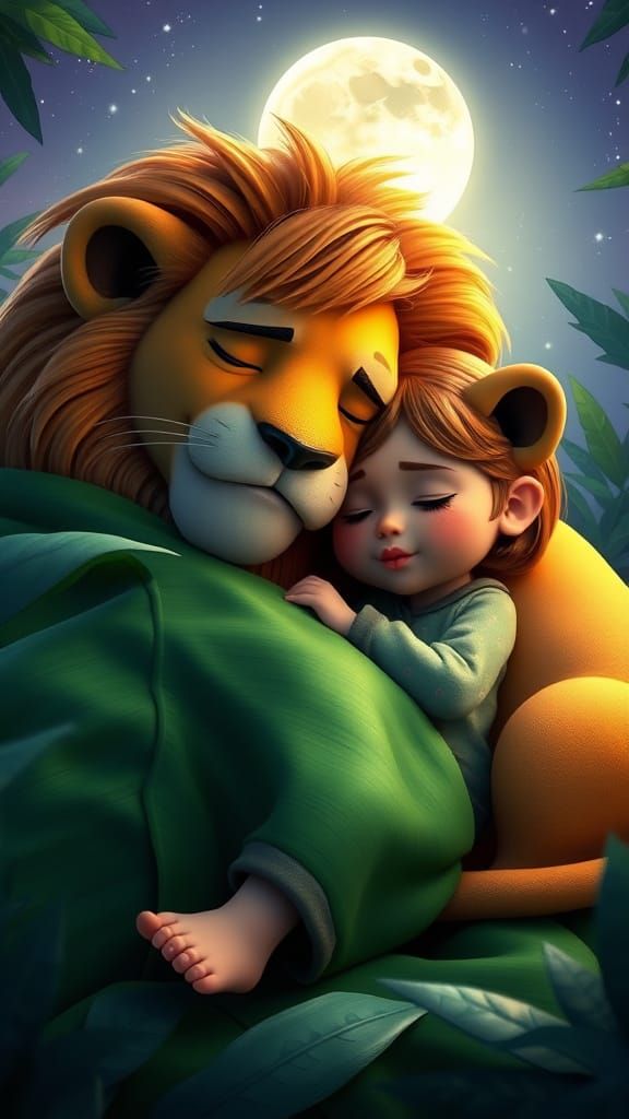 Cozy Jungle Scene: Girl, Lion, and Starry Night