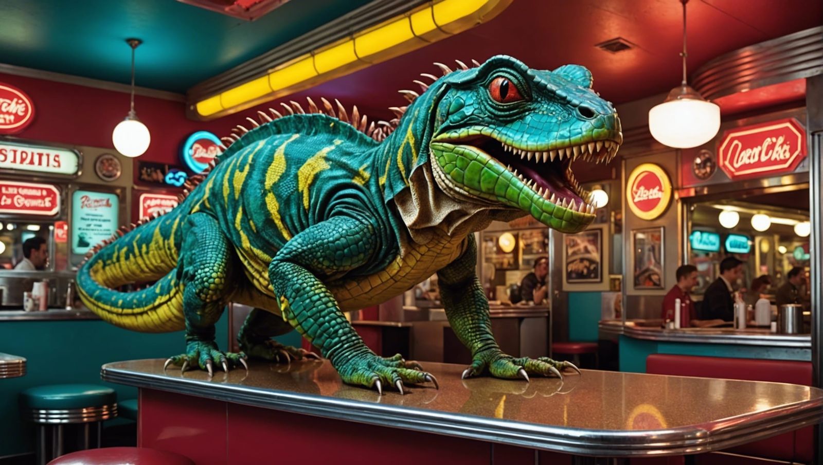 Surreal Lizard in Retro Diner: A Vibrant Masterpiece