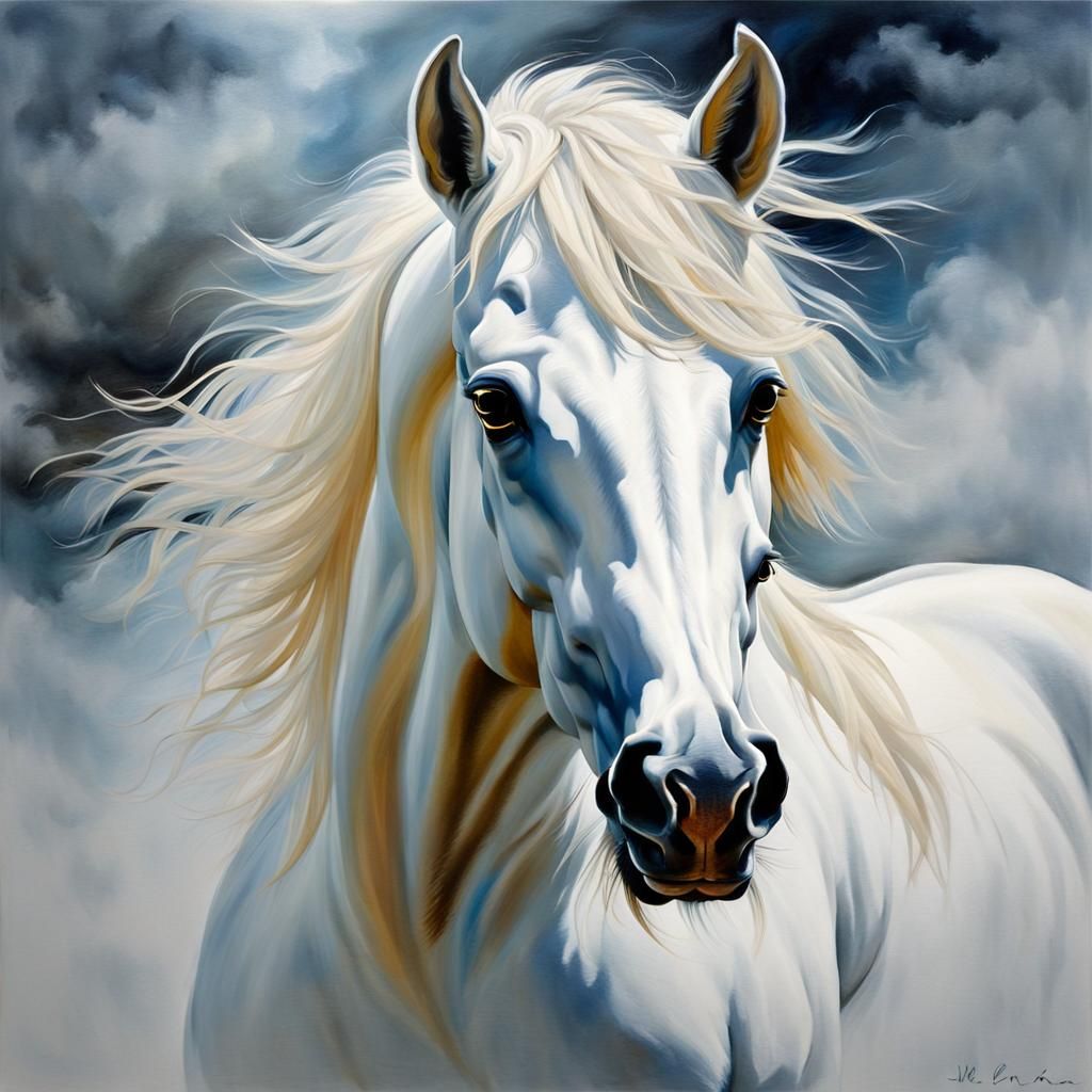 White Horse in Fog: Gouache Painting