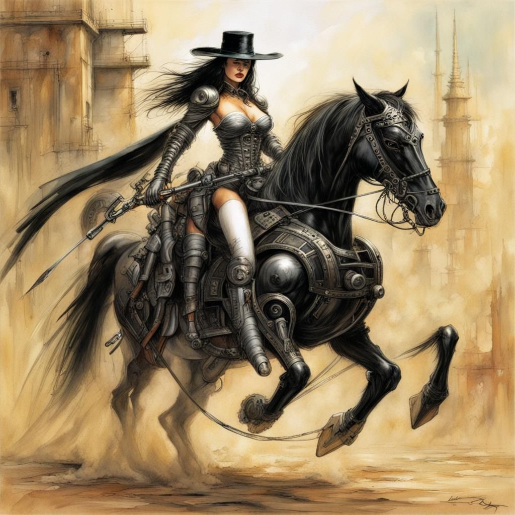 Female Zorro Rides Robotic Horse in Dark Fantasy Style