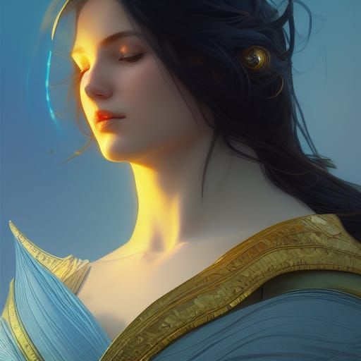 Whale Goddess Portrait in Gold and Blue