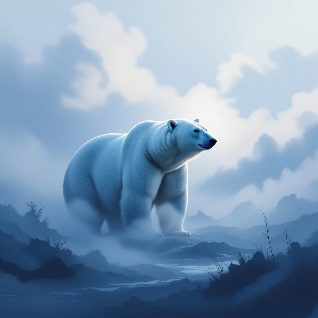 Ethereal Arctic Landscape with Polar Bear Silhouette