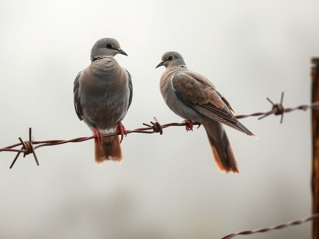 Morning Doves Perched on Rusted Fence in Misty Dawn