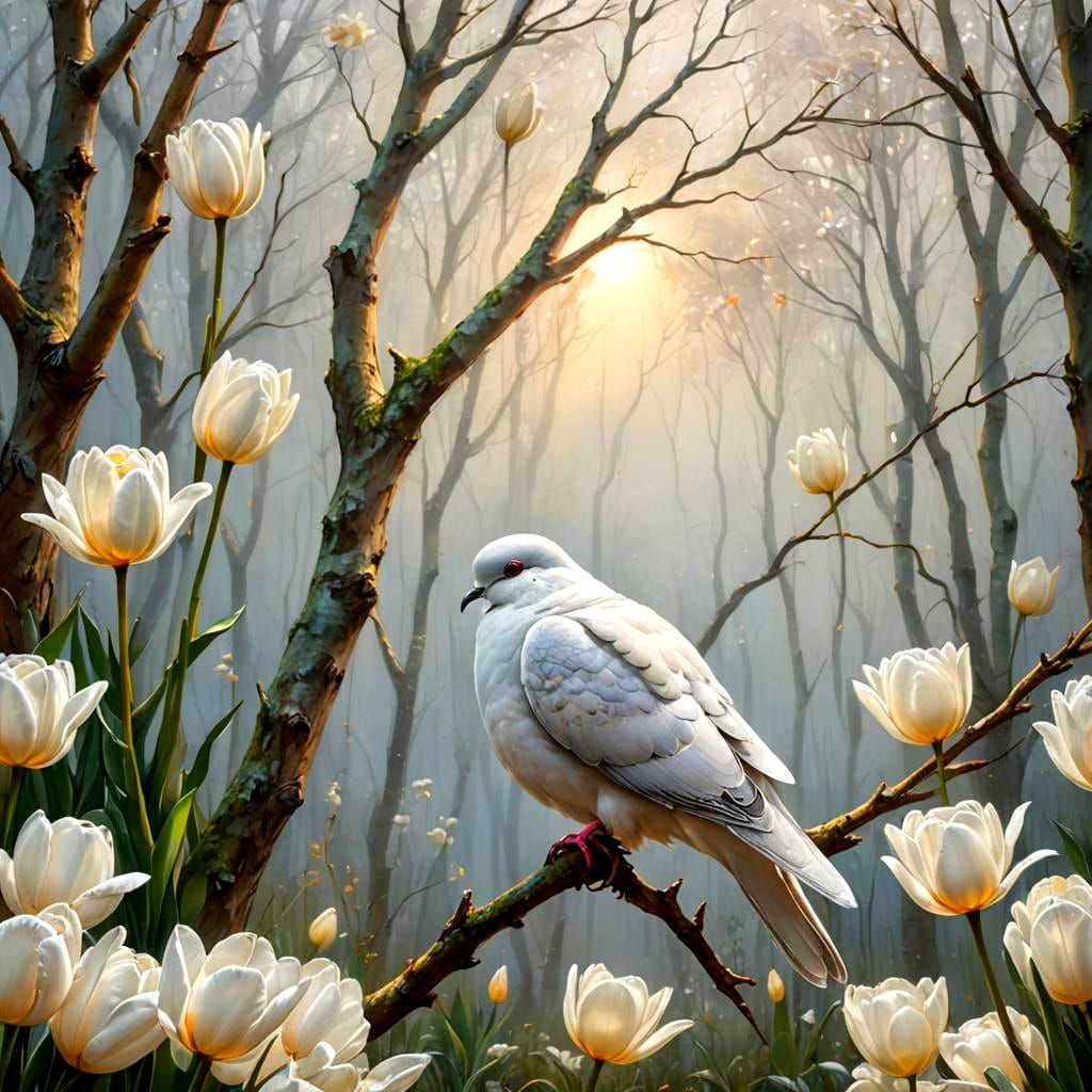 Bioluminescent Dove with Tulips, Oil Painting Style