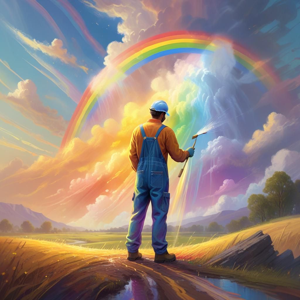 Worker in overalls painting a rainbow in the sky detailed ma...
