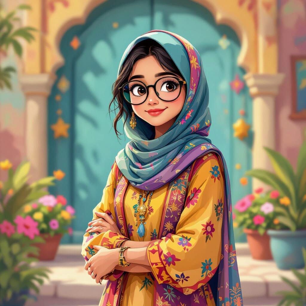 Confident Girl in Hijab, Digital Art Style