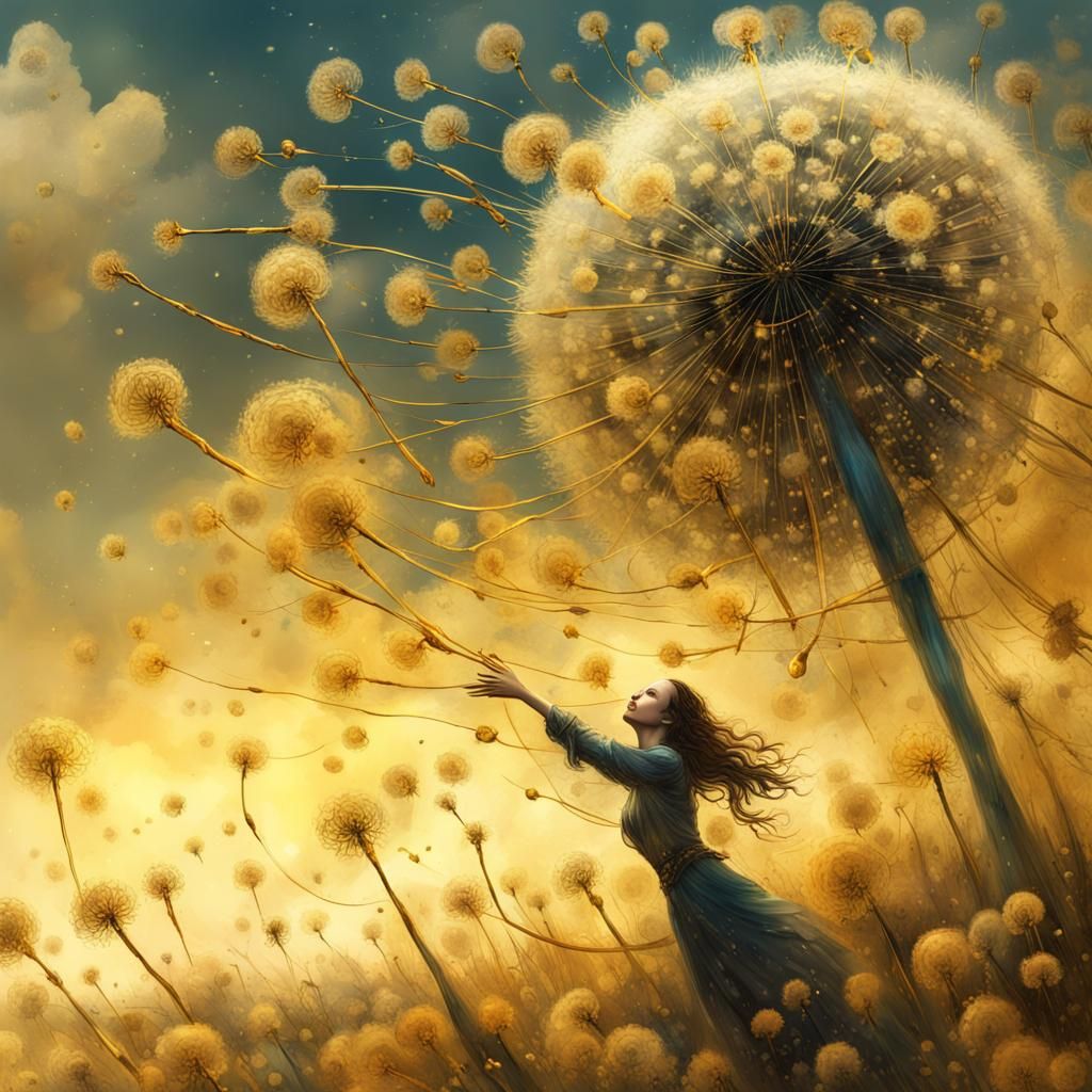 Golden Dandelion Sculpture Descends in Dreamy Landscape