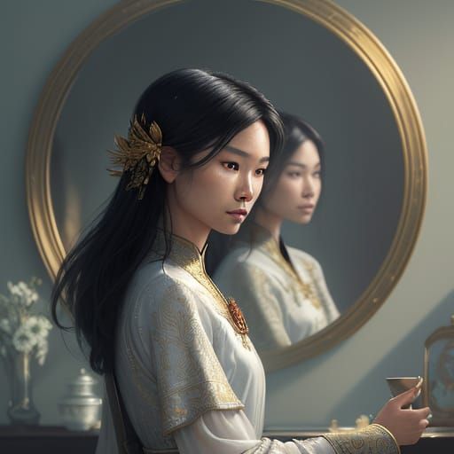 Thai Beauty Admires Her Reflection in Golden Hour