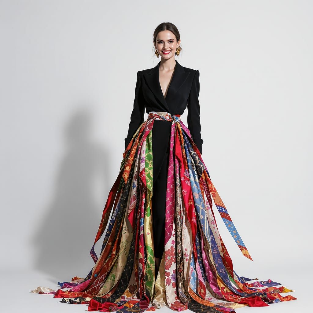 Elegant Woman in Silk Tie Skirtsuit High Fashion Editorial