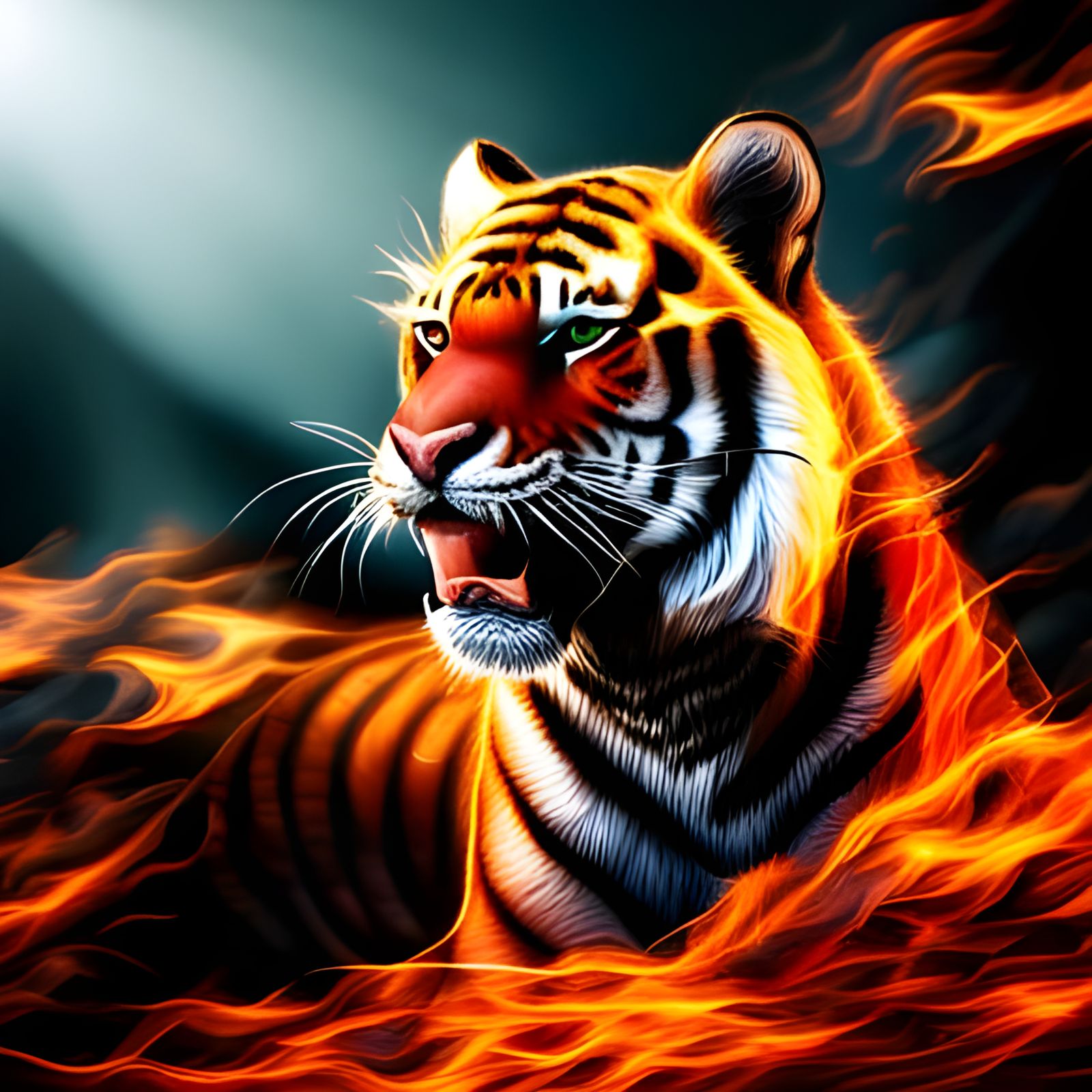 Fiery Tiger with Flames: Photorealistic HDR Image