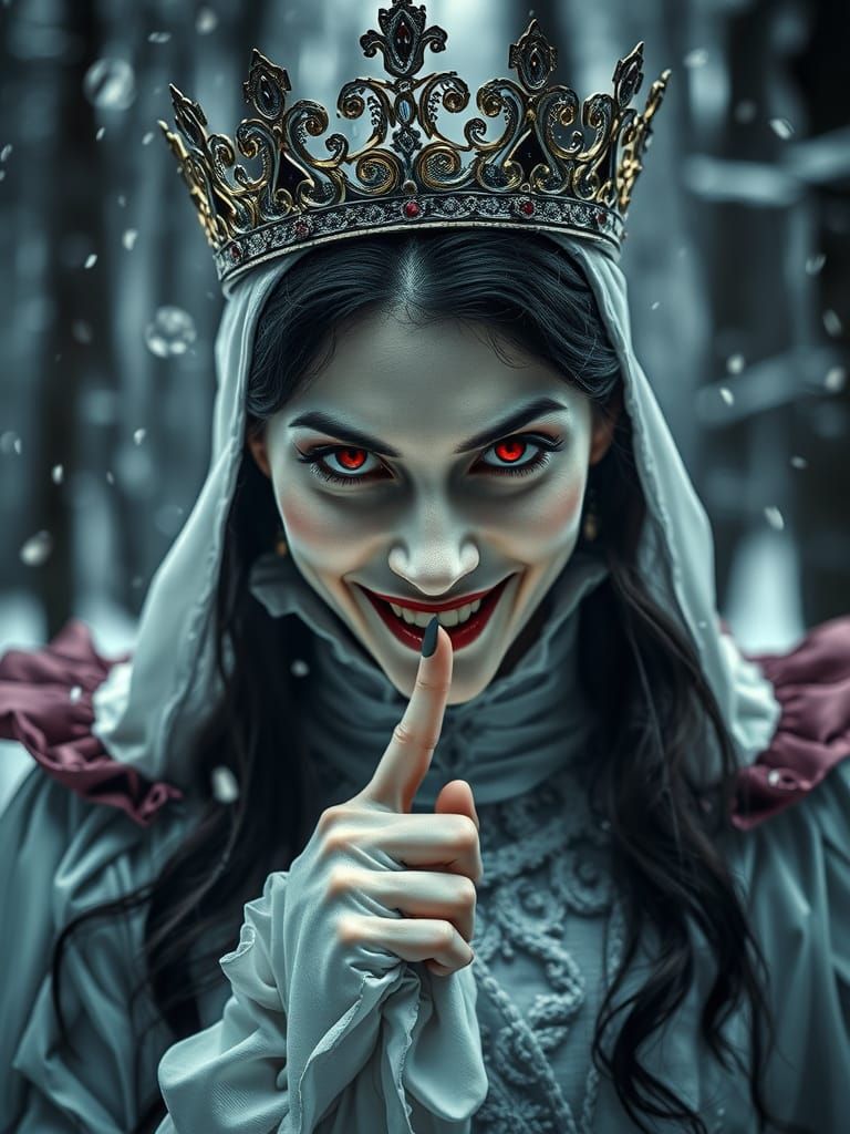 Vampire Queen's Intense Gaze in Snowy Forest