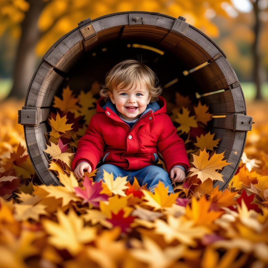 Child Playing in Autumn Leaves in Apple Bin, Photorealistic