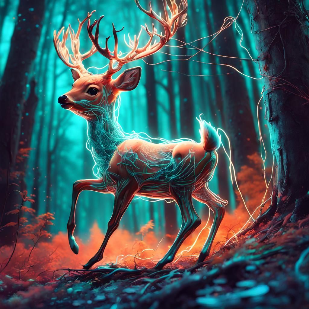 Adorable Circuit Deer in Ghostly Woods: Digital Art