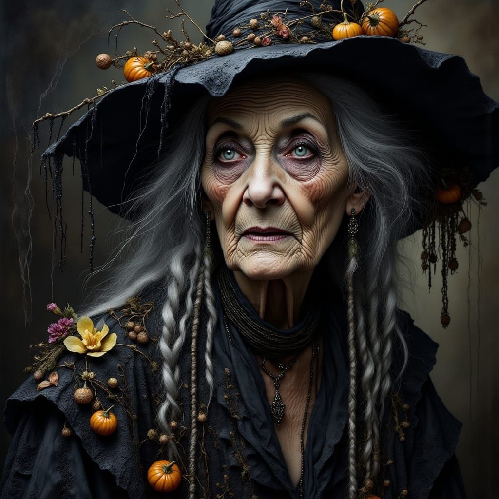 Elderly Witch in Lace Gown with Floral Details