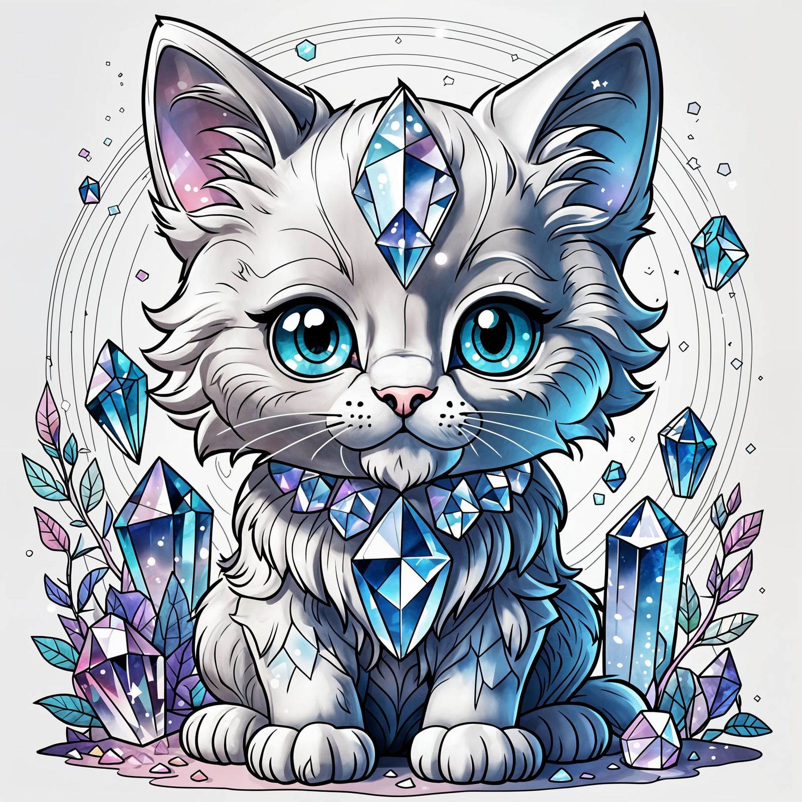 Crystal Kitten Line Art for Coloring Book