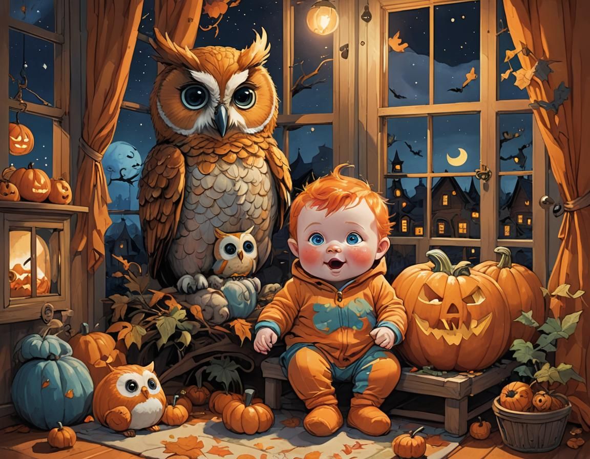 Halloween Baby and Owl in Children's Illustration Style