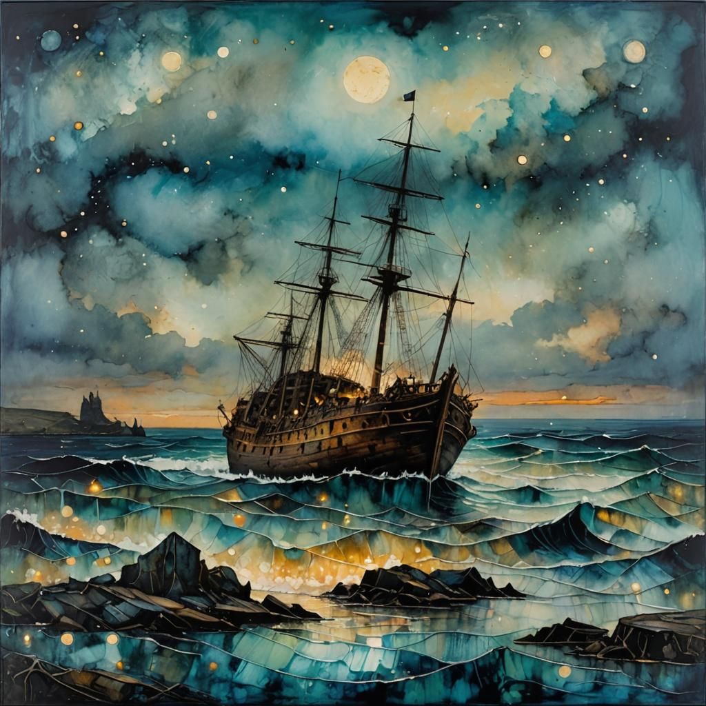 Encaustic Shipwreck with Twinkling Lights