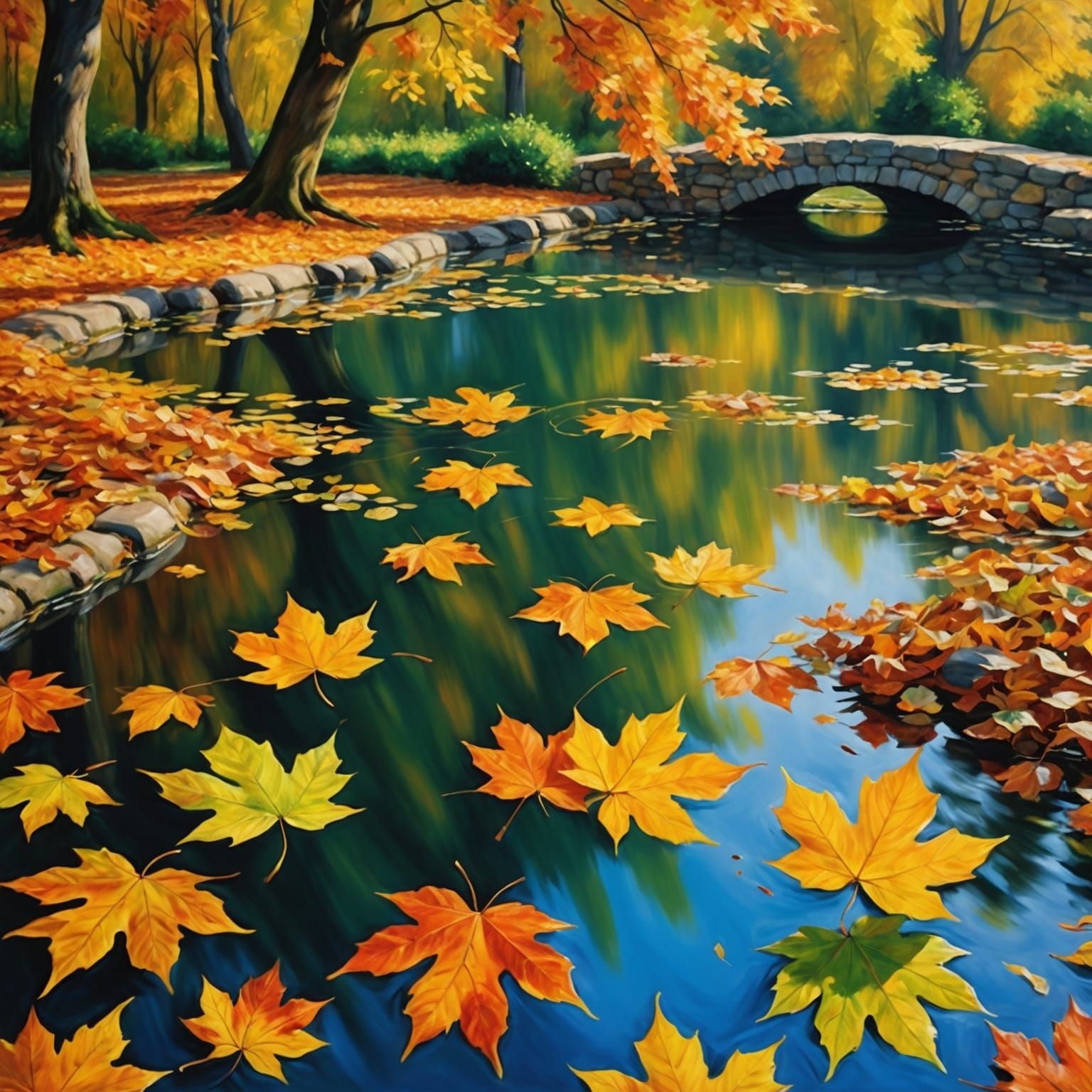 Autumn Pond: Impressionistic Oil Painting