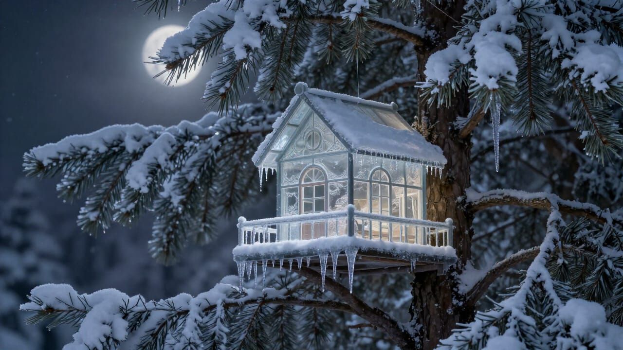 Frosted Glass Treehouse in Enchanting Winter Wonderland