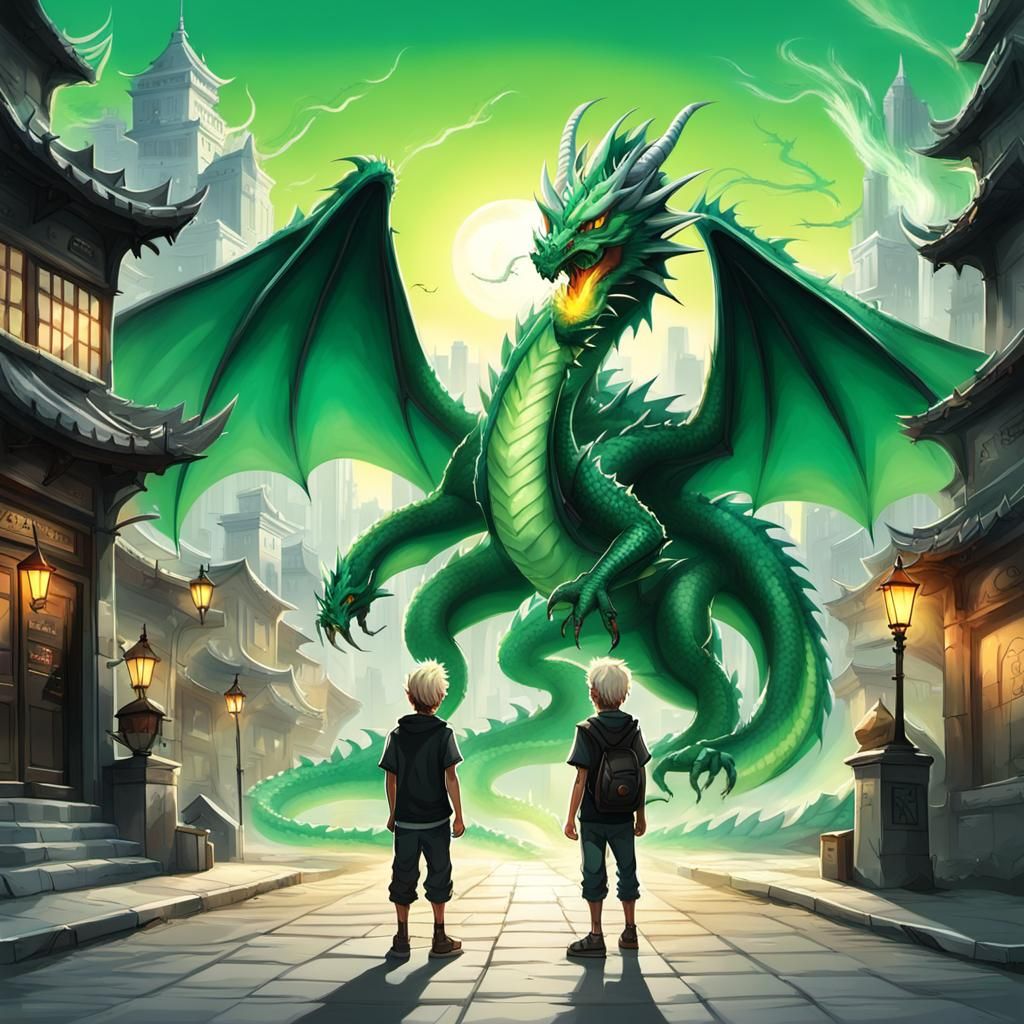 Cartoon Dragon and Boy Friendship at Sunrise