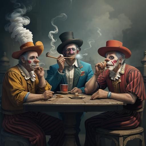 high resolution 8k photograph of a 4 Clowns smoking Cuban ci...