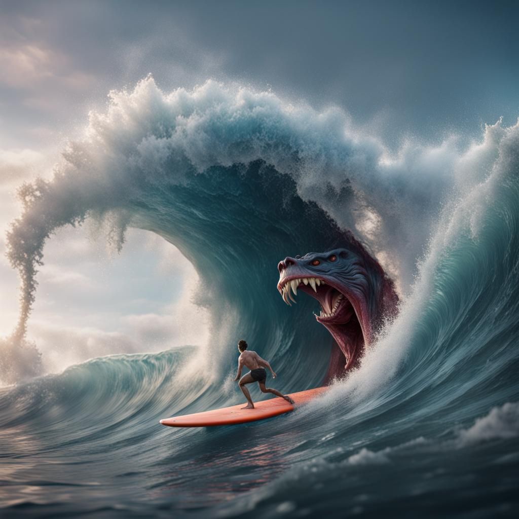 Monster Wave Surfing: Detailed Fantasy Concept Art