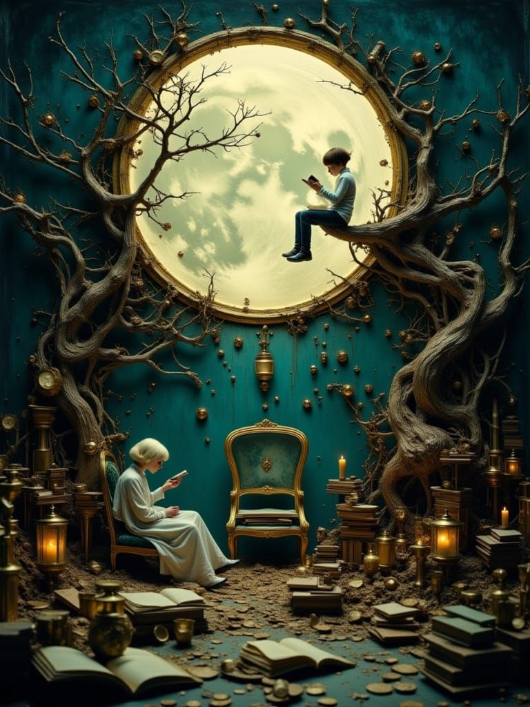 Library Moon: Surreal Fantasy Storybook Scene