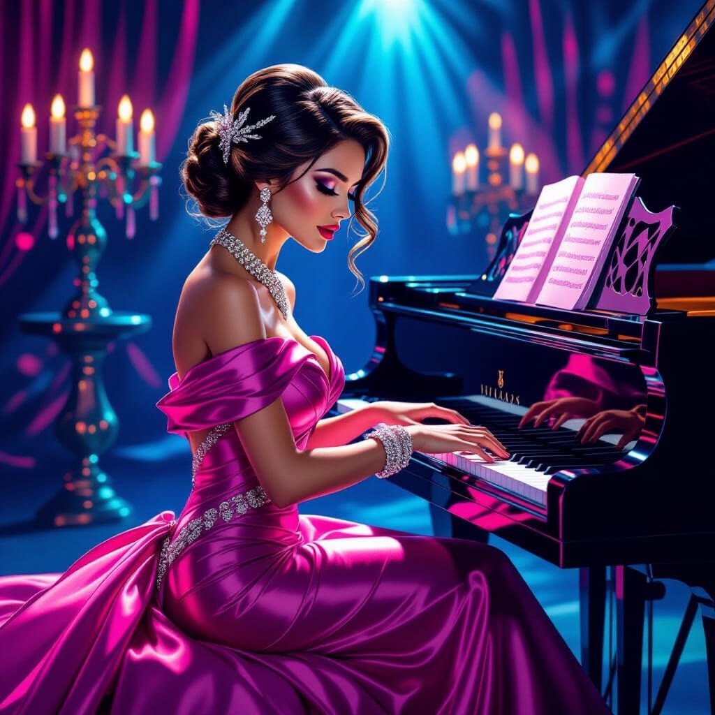 Pop Art Woman Plays Piano in Neon Glow