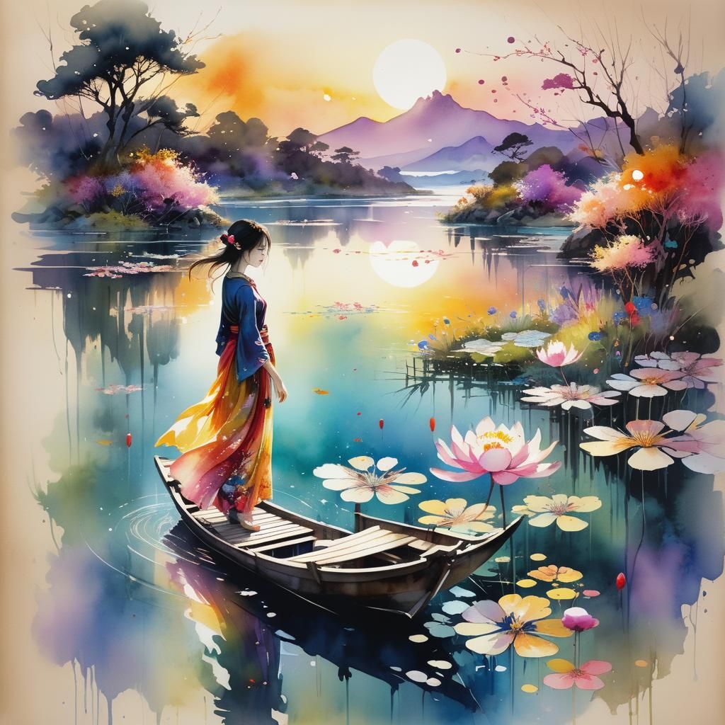 Dreamy Lake Glade in Watercolor Art Style