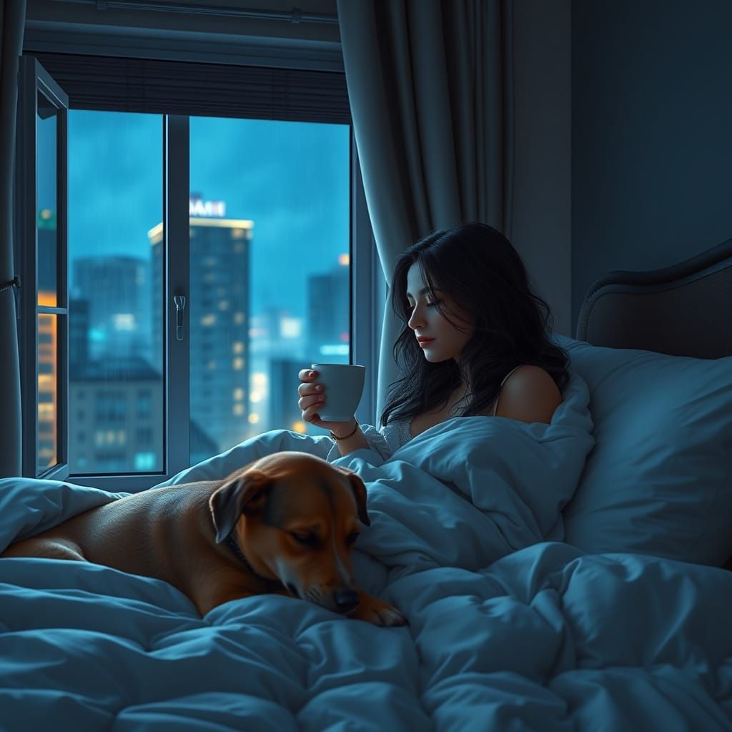 Cozy Rainy Night in City Apartment with Dog