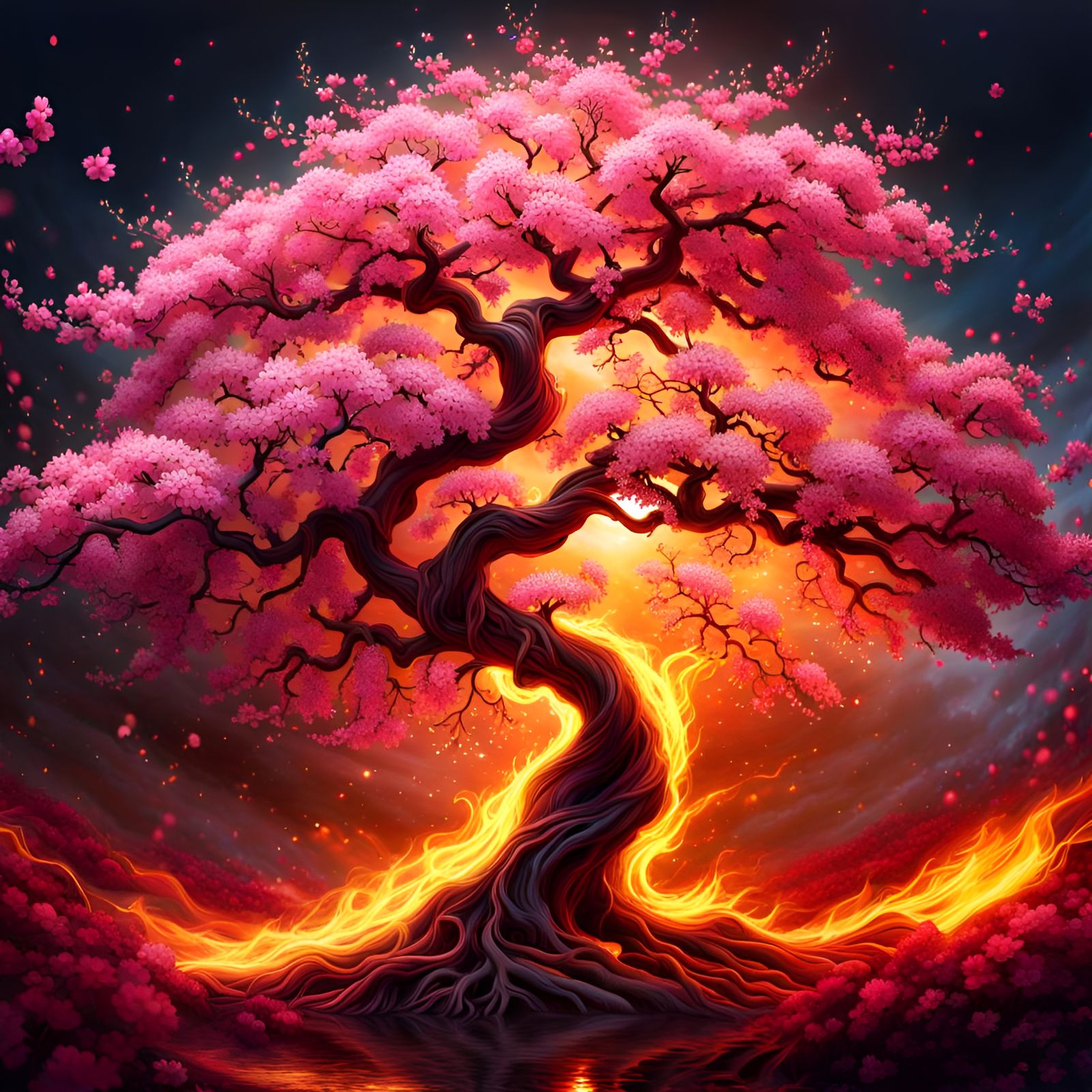 Burning Cherry Blossom Tree in Hyperrealistic Style