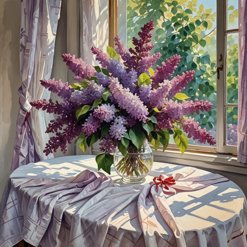 Lilac Bouquet Still Life in Gouache Style